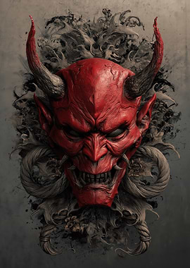 Red Oni Mask with Dark Ornate Details