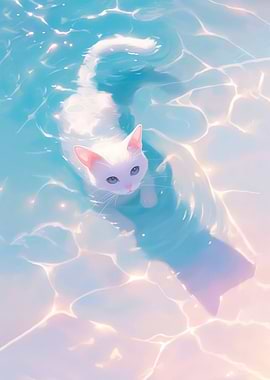 White Cat Swimming in Blue Water