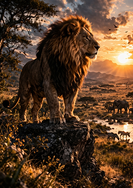 Majestic Lion on Cliff at Sunset