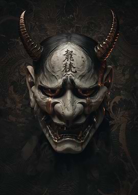 Demonic Oni Mask with Japanese Script