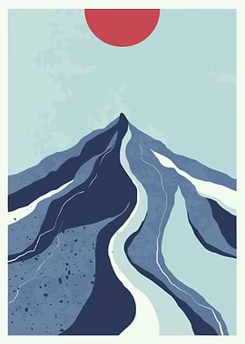 Abstract Mountain Poster, Blue Landscape Wall Art, Minimalist Red Sun Nature Print