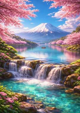Mount Fuji with Cherry Blossoms and Waterfall