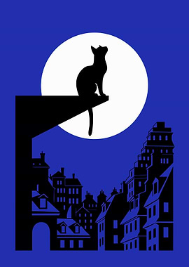Black Cat on Rooftop Under Moon