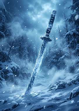 Frozen Katana in Snowy Forest