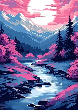 Pink and Blue Mountain River Landscape