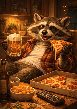 Raccoon enjoying pizza and beer