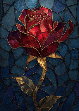Stained Glass Rose with Blue Background