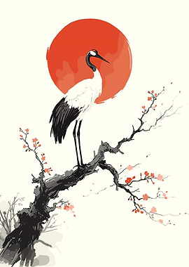 Crane and Cherry Blossoms under the Sun