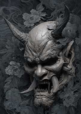Demon Mask with Floral Background
