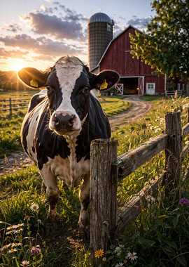 Cow in a field at sunset