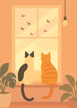 Two Cats on Windowsill Poster, Cozy Minimalist Cat Wall Art, Warm Home Decor Print