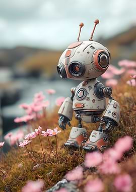 Cute Robot Among Pink Flowers