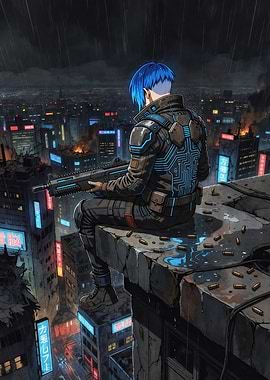 Cyberpunk Soldier on Rooftop