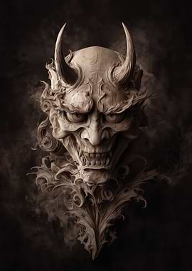 Demonic Oni Mask Sculpture