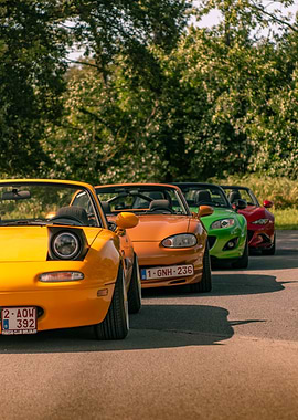 Line of colorful Mazda MX-5 convertibles