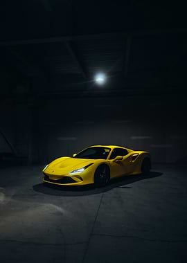 Yellow Ferrari F8 Tributo in Dark Garage