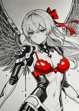 Anime Girl with Wings and Red Outfit