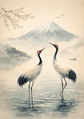 Cranes and Mount Fuji