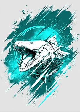 Digital Art Shark with Neon Blue Splash