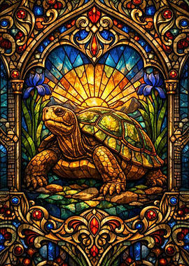 Stained Glass Turtle and Sunrise