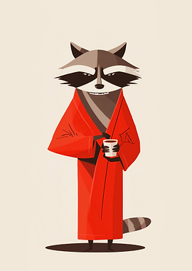 Raccoon in a Red Robe Holding Coffee