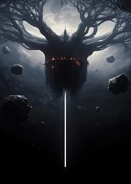 Floating Tree City with Meteorites