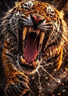 Fierce Tiger Roaring with Water Splashing