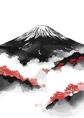 Mount Fuji with Red Trees and Clouds