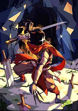 Warrior in Cave with Swords