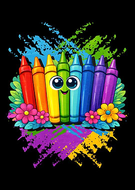 Cute Cartoon Crayons with Flowers