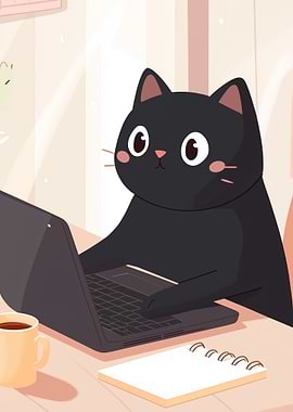 Cute Black Cat Working on Laptop