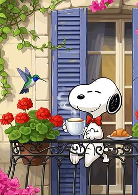Snoopy Enjoys Coffee on a Balcony