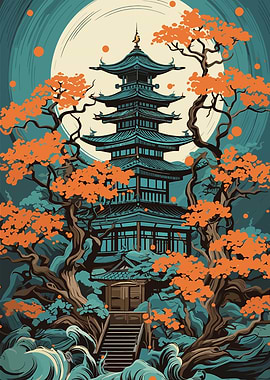 Japanese Pagoda with Autumn Trees