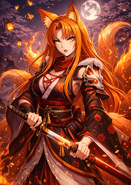 Kitsune Warrior with Flaming Katana