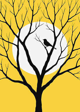 Bird on a tree branch with moon