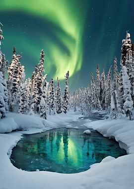 Aurora Borealis over Snowy Forest