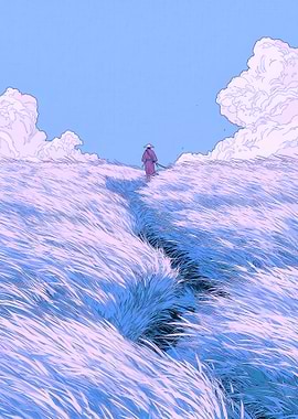 Samurai walking through a grassy field