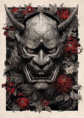 Oni Mask with Red Flowers