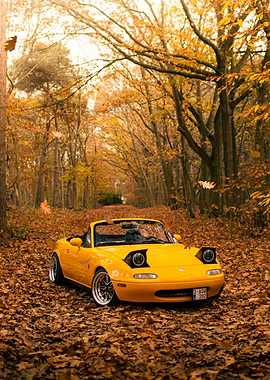 Yellow Mazda Miata in Autumn Forest