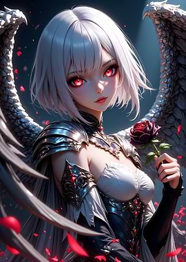Anime Angel with Red Eyes and Rose