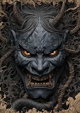 Demonic Oni Mask with Fiery Eyes