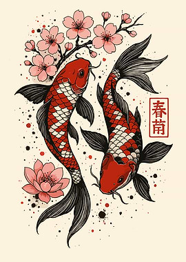 Koi Fish and Cherry Blossoms
