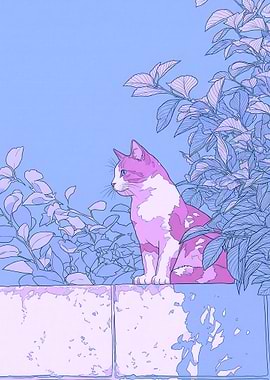 Cat sitting on a wall with leaves