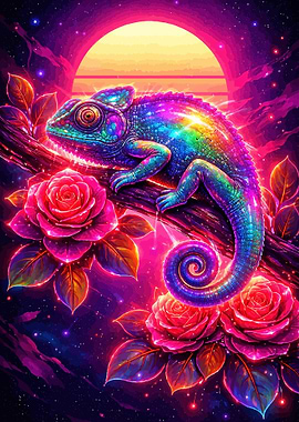 Rainbow Chameleon on a Branch with Roses