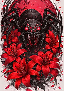 Gothic Spider with Red Lilies