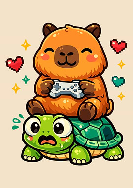 Capybara on Turtle Poster, Cute Gaming Animal Wall Art, Funny Video Game Illustration