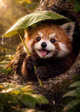 Red Panda Under Leaf Umbrella in Rain