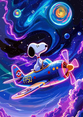 Snoopy flying a plane in space