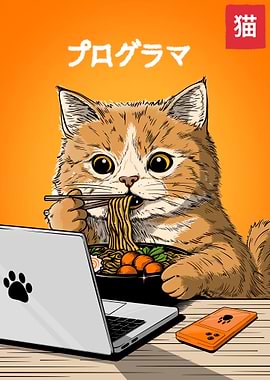 Programmer Cat Eating Ramen