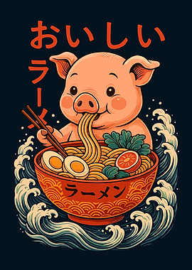 Cute Pig Eating Ramen